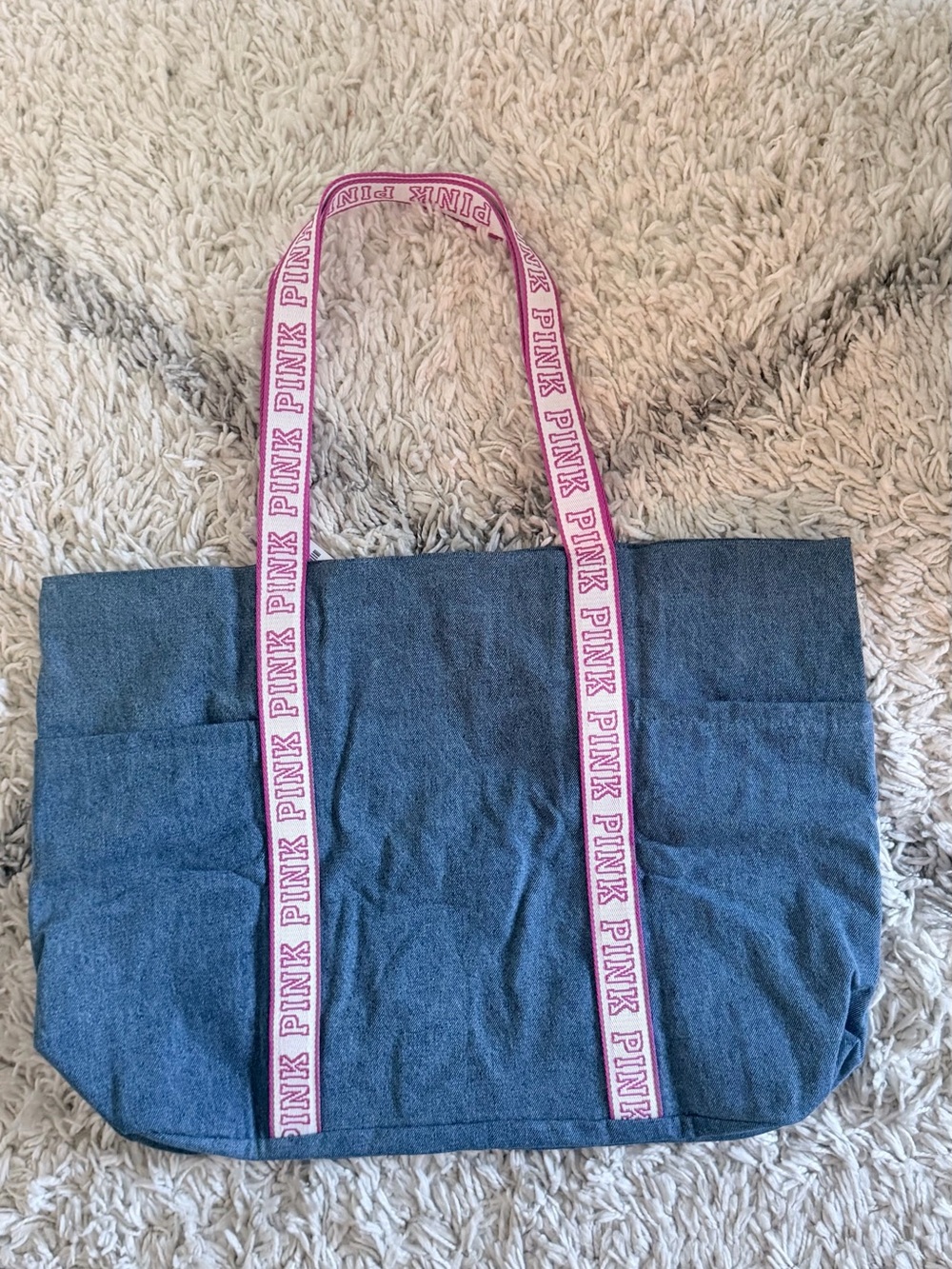PINK Victoria Secret Denim Tote Bag with Pink Logo Straps - Picture 4 of 4